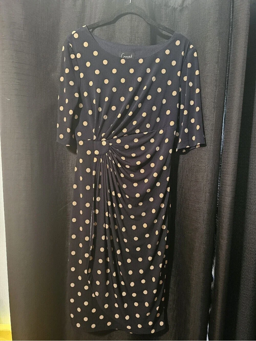 connected apparel Navy Dress with Beige Polka Dots